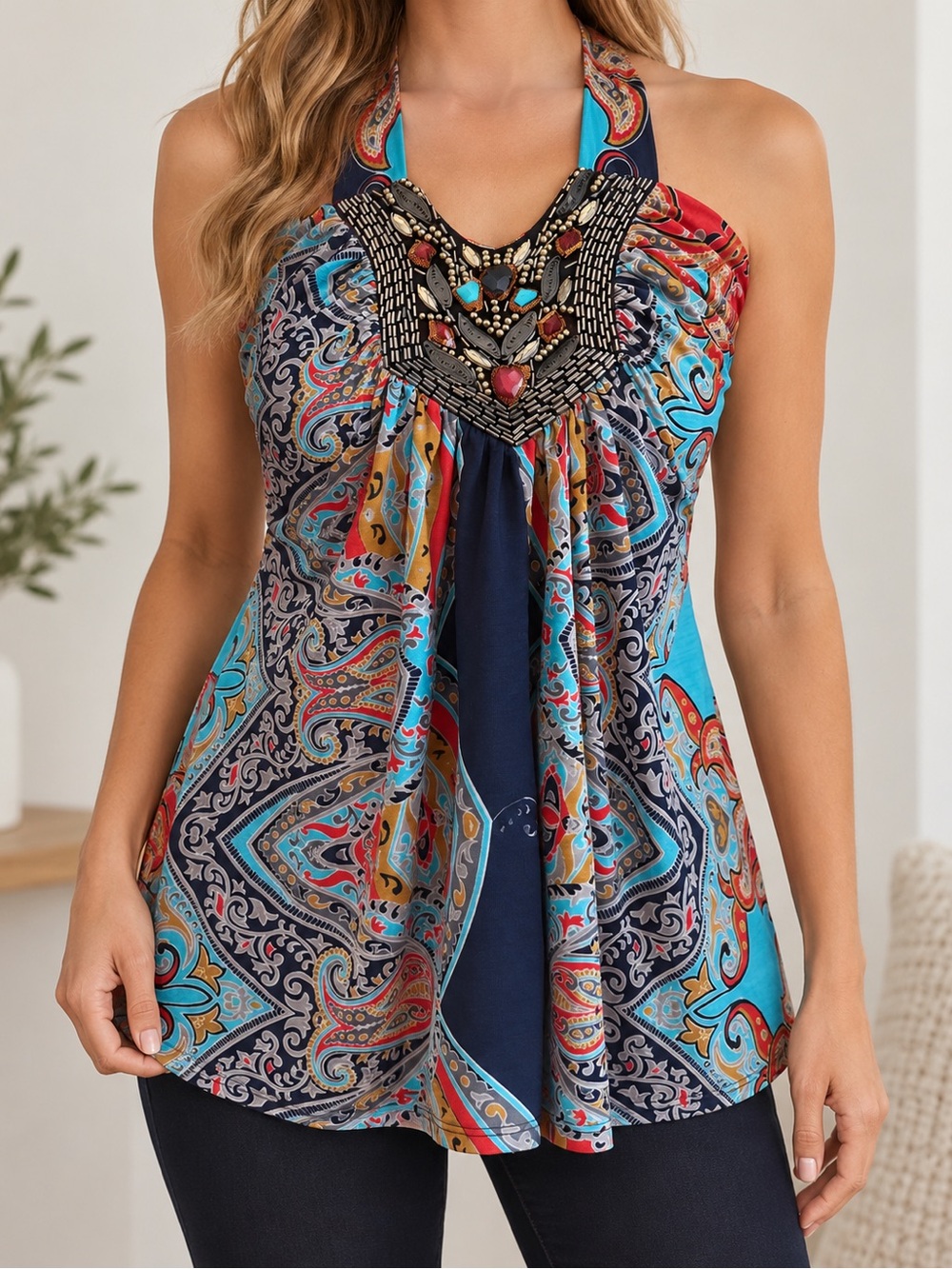 VENUS Beaded Paisley Halter Top Size M Boho Y2K